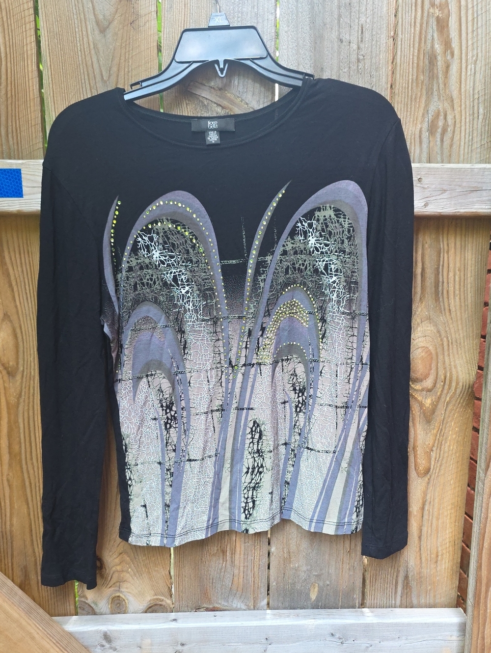 Black Long-Sleeve Top with Purple and Gold Graphic